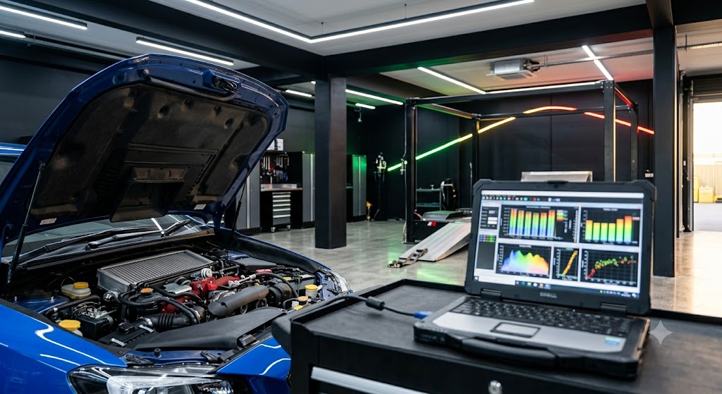Boxer engine bay with laptop tuning rig at ChilliTuned workshop